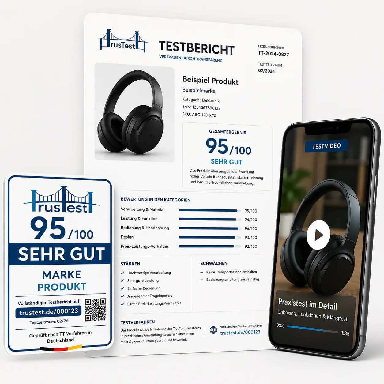 Beispielhafter TrusTest-Lieferumfang mit Testbericht, Prüfsiegel und Videobericht